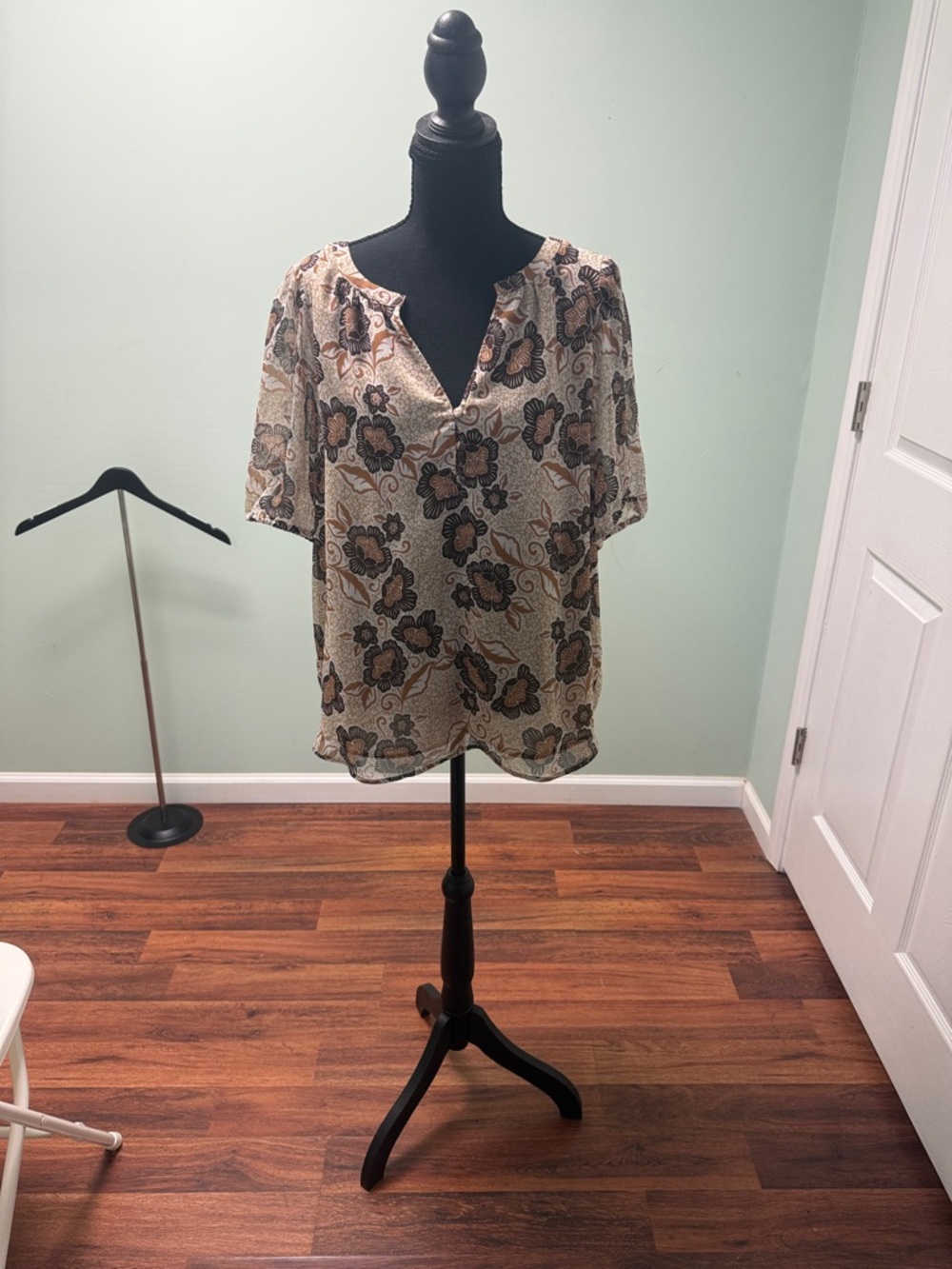 LOFT Floral Split-Neck Blouse - Cream, Black & Brown